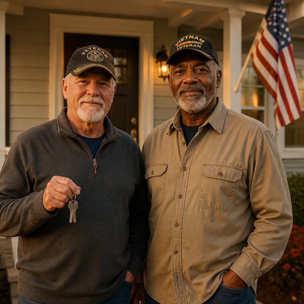 A veteran holding house keys on the porch of a new home at golden hour